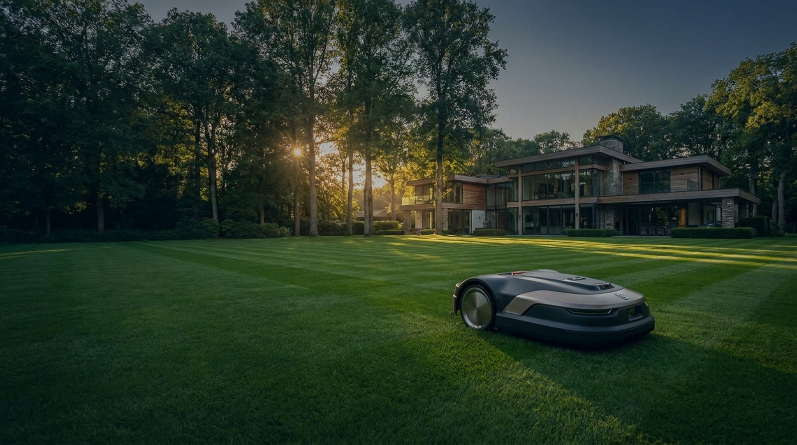 Robotic lawn mower on a manicured estate lawn in Alpine, NJ