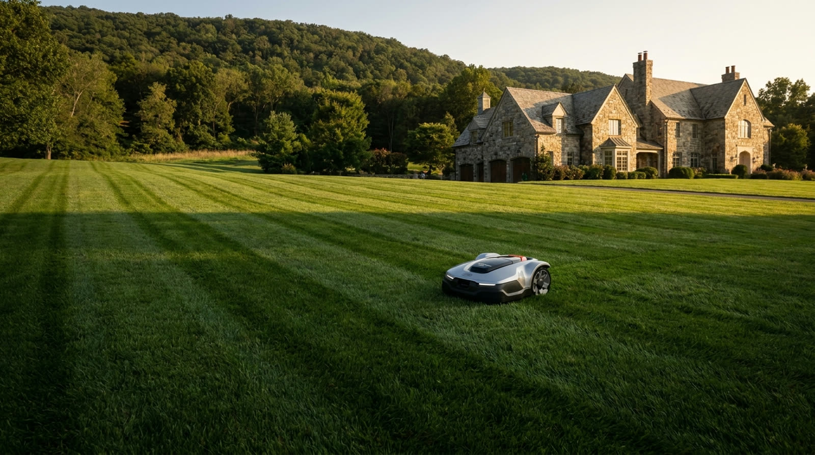 Robotic lawn mower on a manicured estate lawn in Bernardsville, NJ